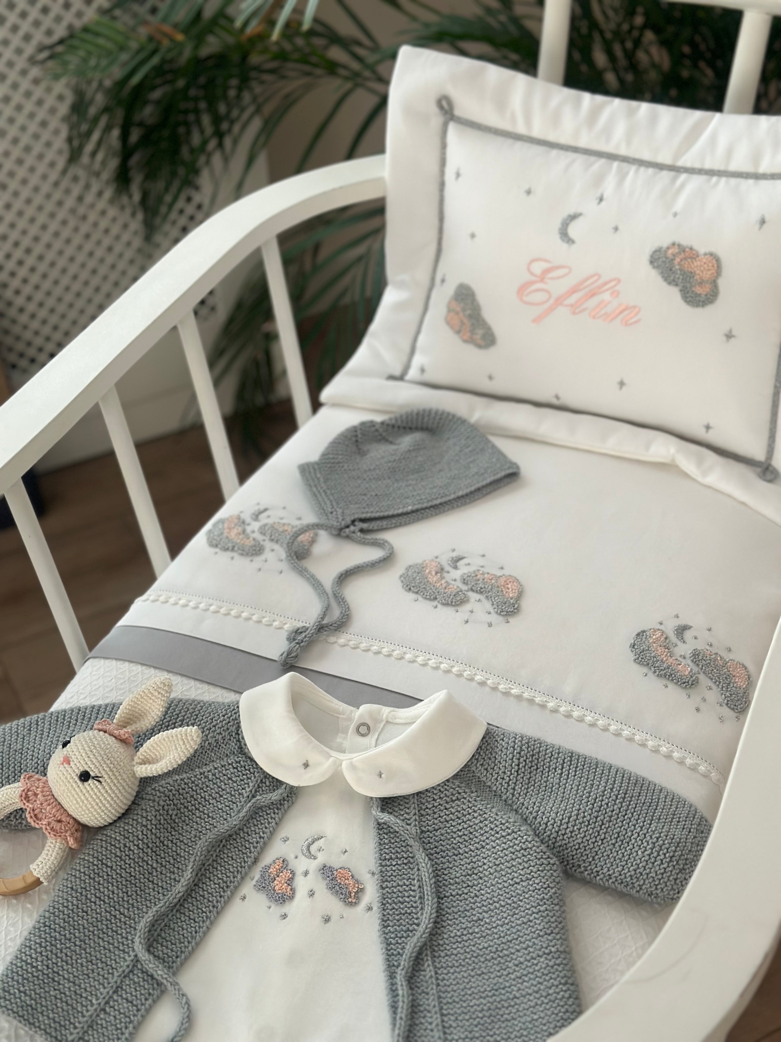 Twinkle Bulut İşlemeli Pike Takımı Gri/Somon