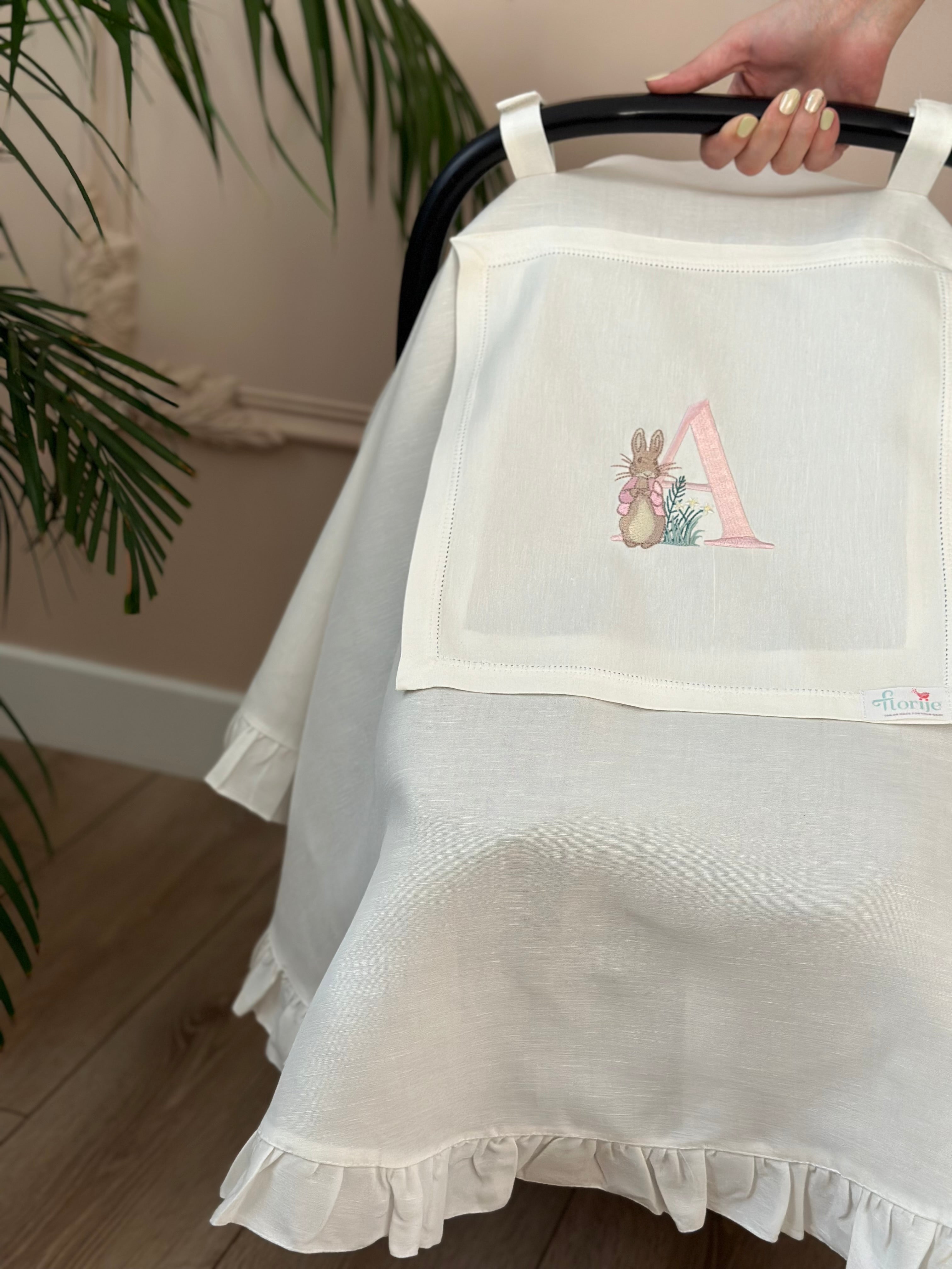 Tavşan Peter Rabbit Harf İşlemeli Keten Puset Örtüsü