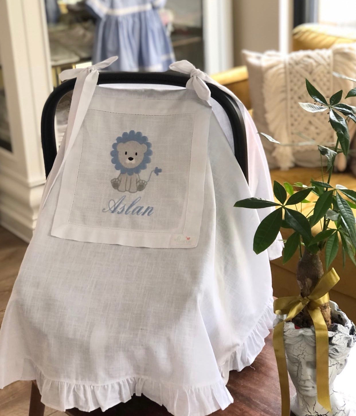 Keten Puset Örtüsü Aslanlı Gri/Mavi