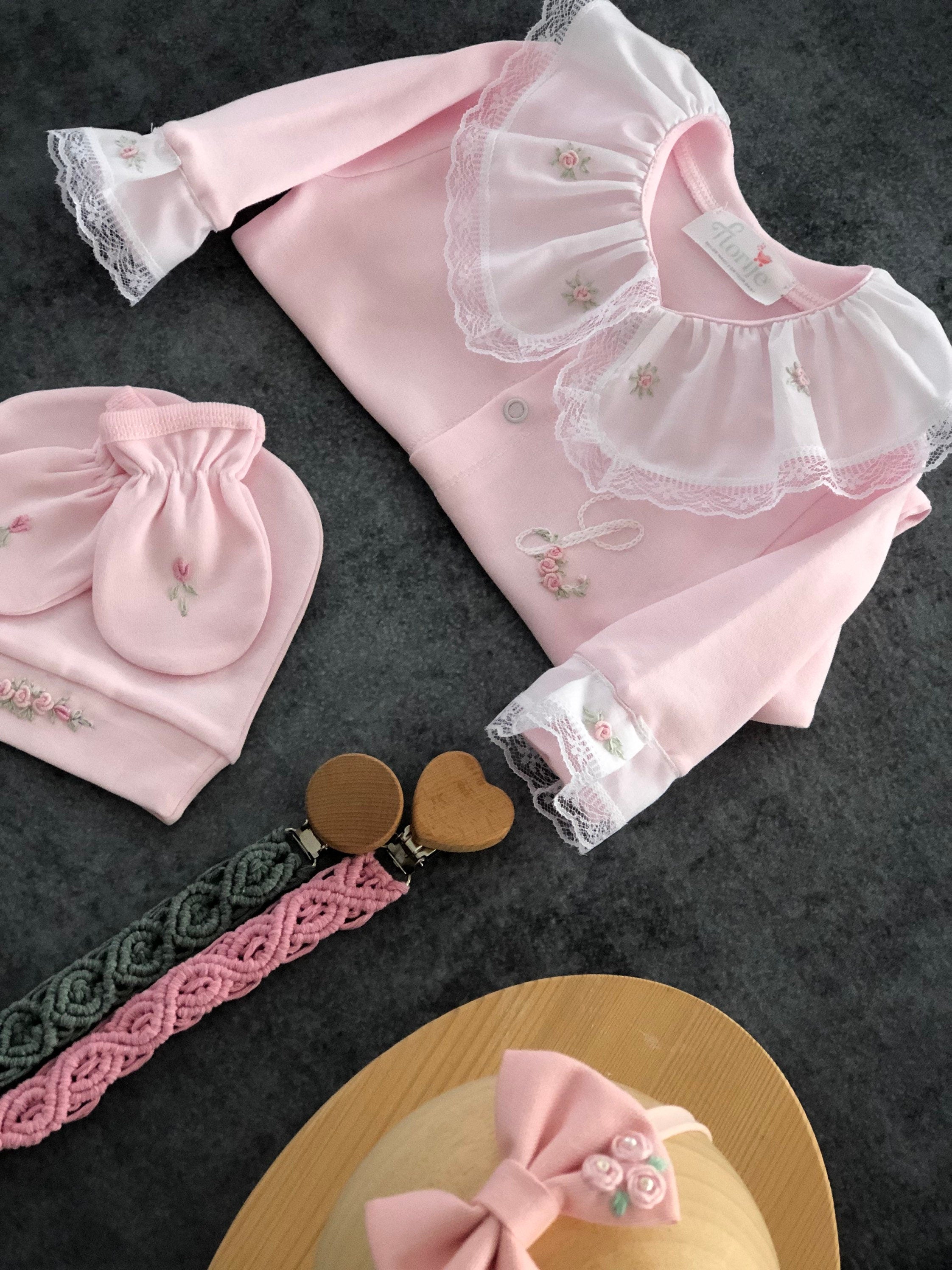 Pembe Nakışlı 3 Parça Tulum Seti