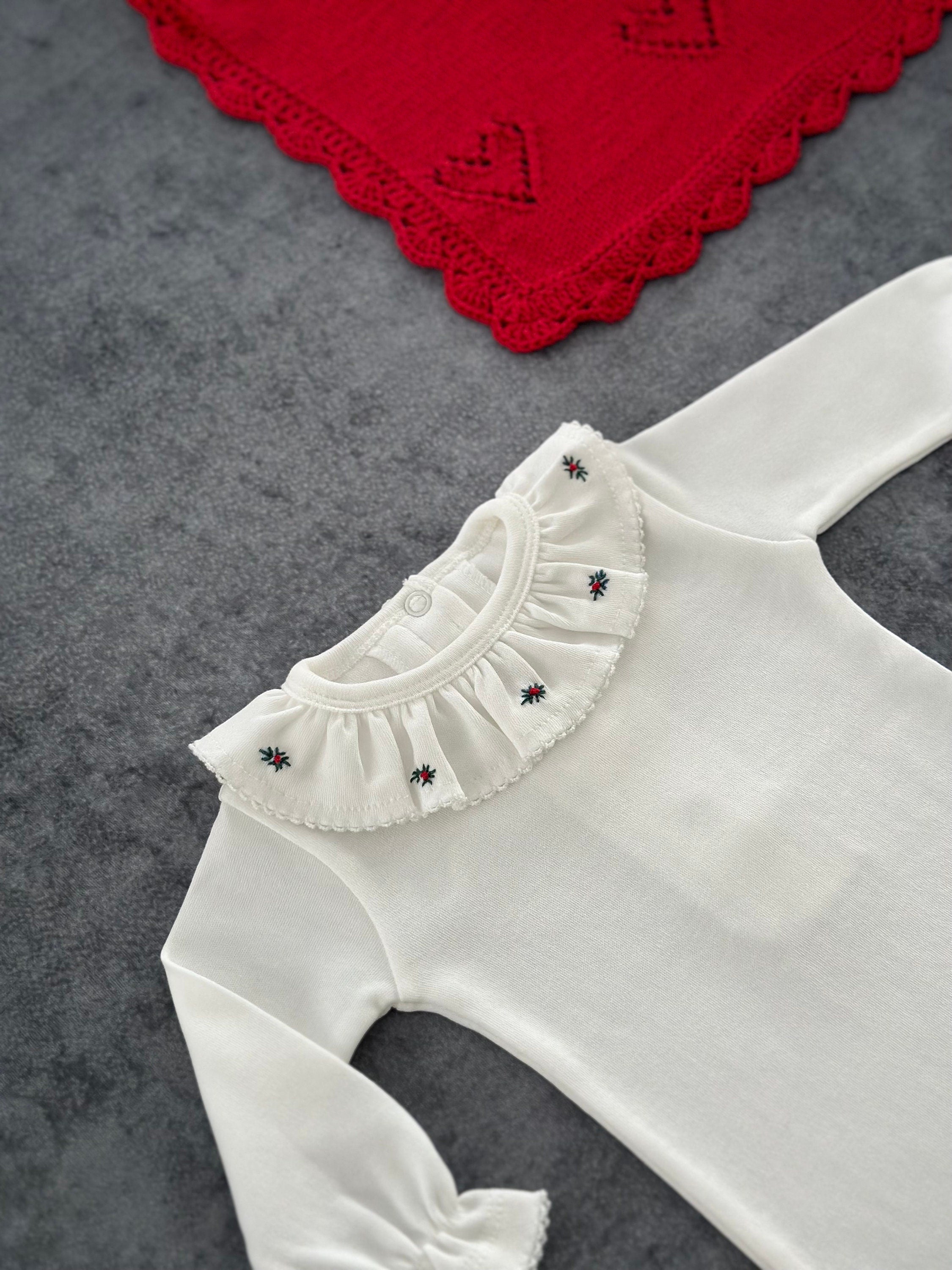 Kız Bebek Rokoko İşlemeli Fırfırlı Yaka Uzun Kollu Body Kırmızı