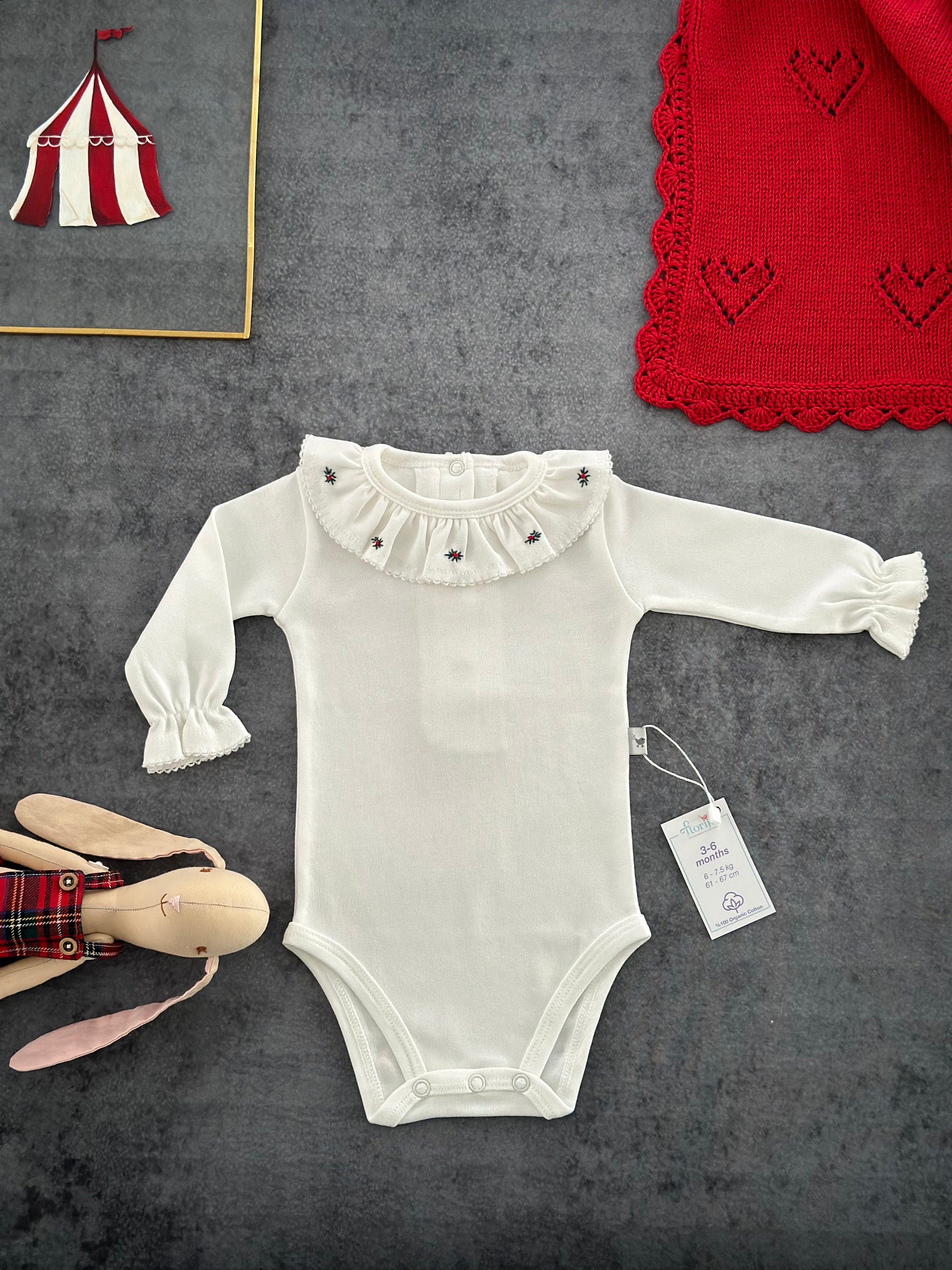 Kız Bebek Rokoko İşlemeli Fırfırlı Yaka Uzun Kollu Body Kırmızı