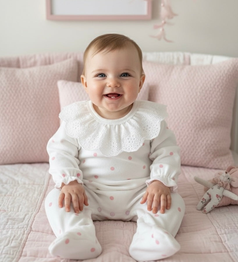Pink Polka Dot Velvet Baby Girl Jumpsuit – Scallop Collar