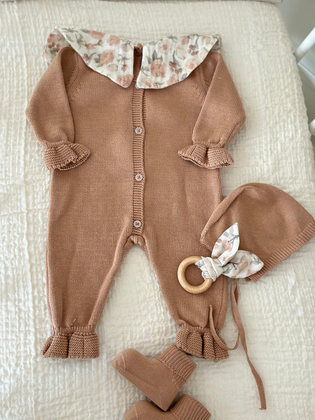 Hardal Müslin Yakalı Triko Kız Bebek Tulum Seti 3 Parça