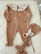 Hardal Müslin Yakalı Triko Kız Bebek Tulum Seti 3 Parça