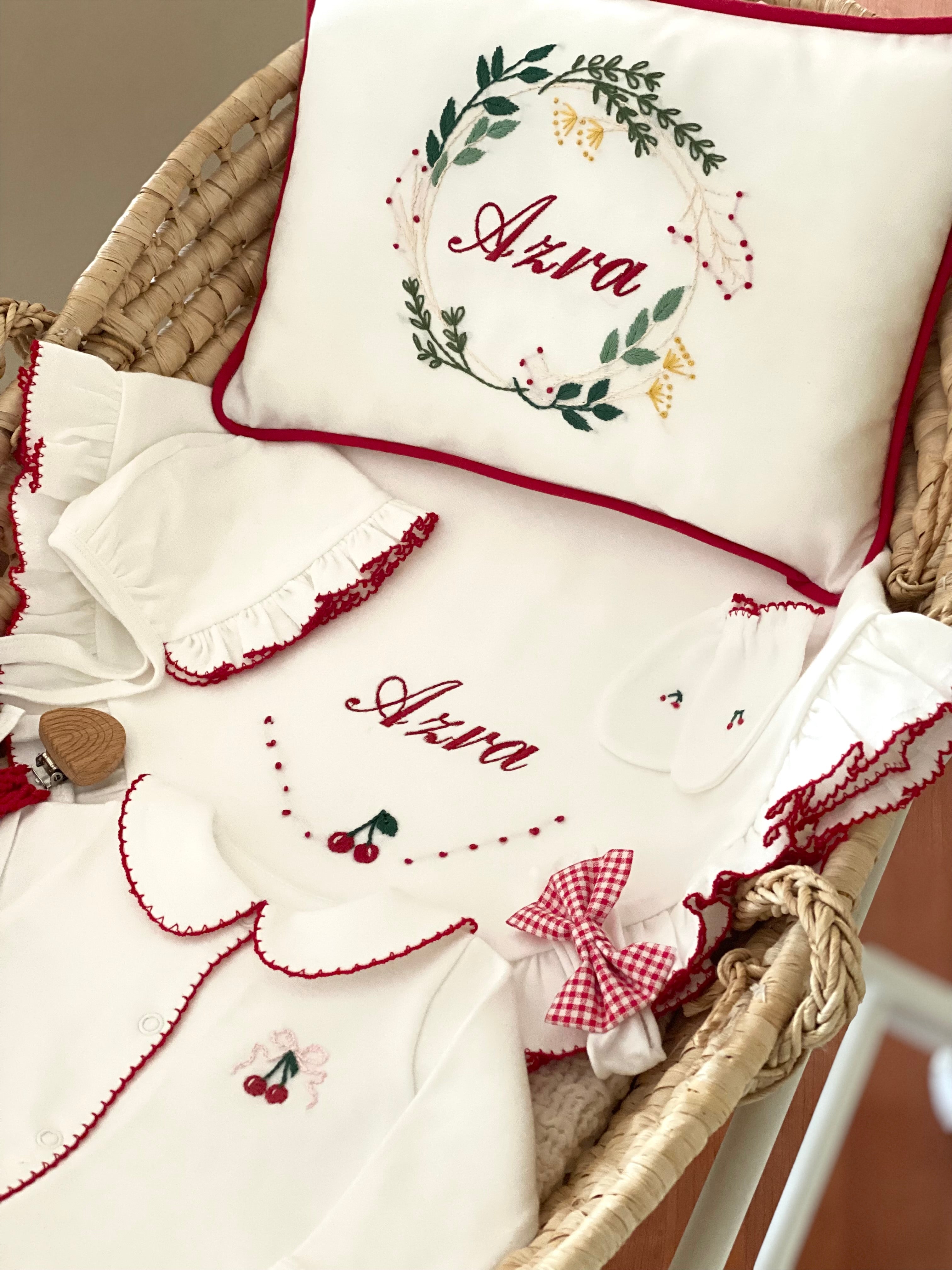 Cherry Organic Newborn Set – Red Crochet Edge Detail