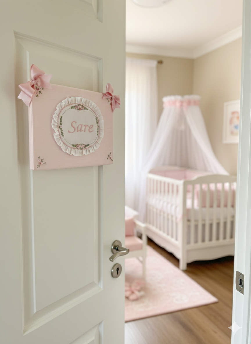 Rococo Embroidered Personalized Fabric Door Decoration | Named Baby Room Decor