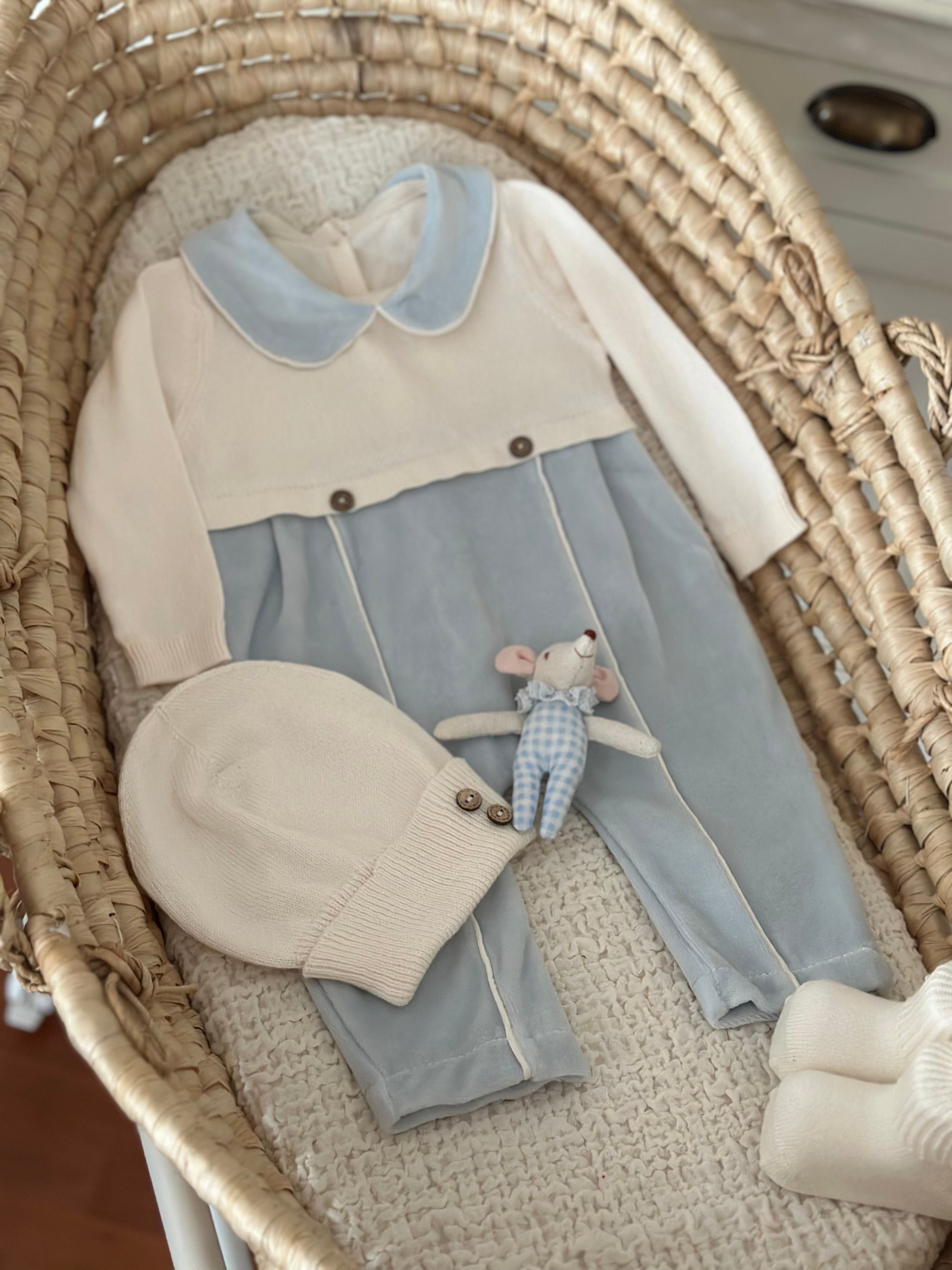 Baby Collar Velvet Baby Boy Romper Set 3 Pieces – Blue &amp; Beige