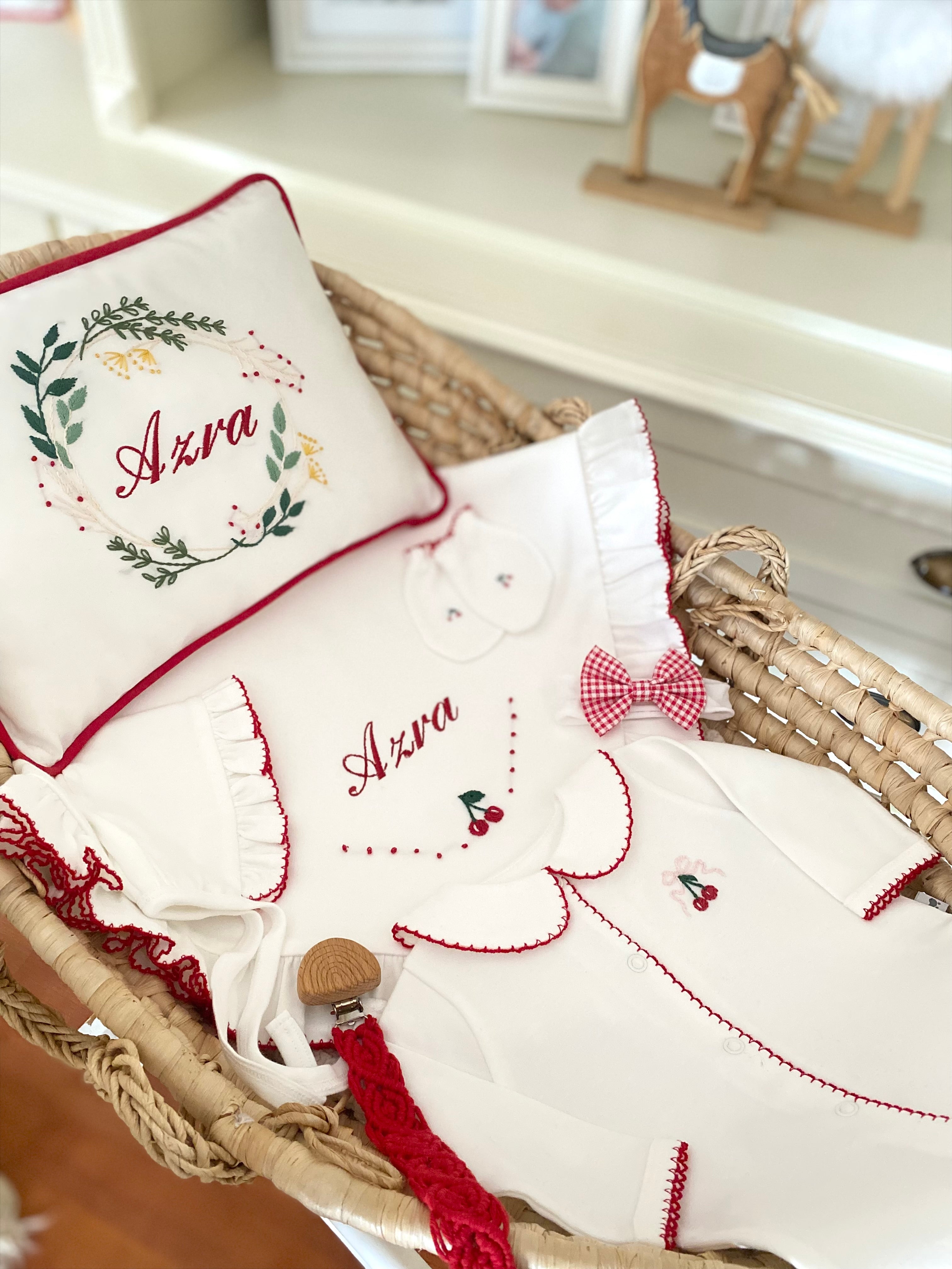 Cherry Organic Newborn Set – Red Crochet Edge Detail