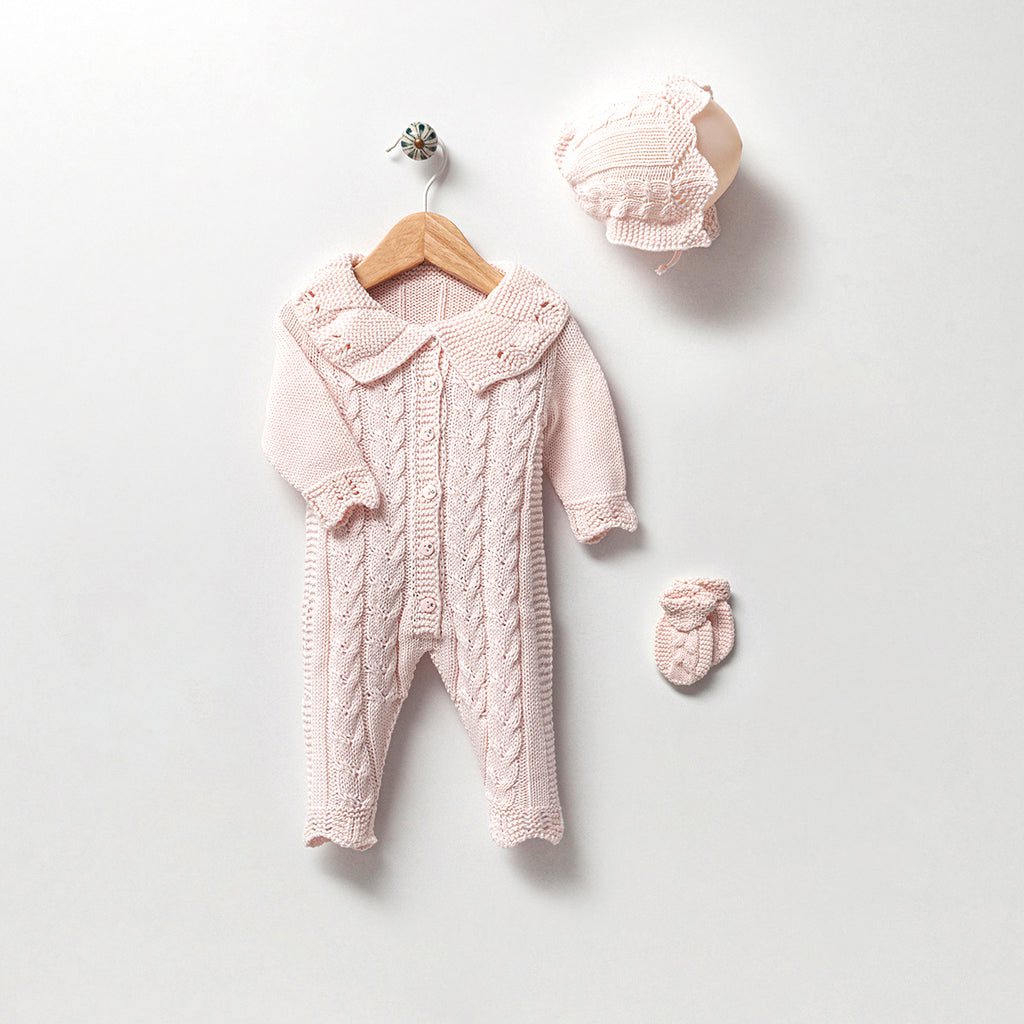 Dusty Pink Knitted Baby Girl Romper Set 3 Pieces