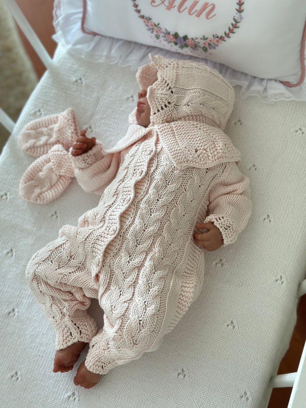 Dusty Pink Knitted Baby Girl Romper Set 3 Pieces