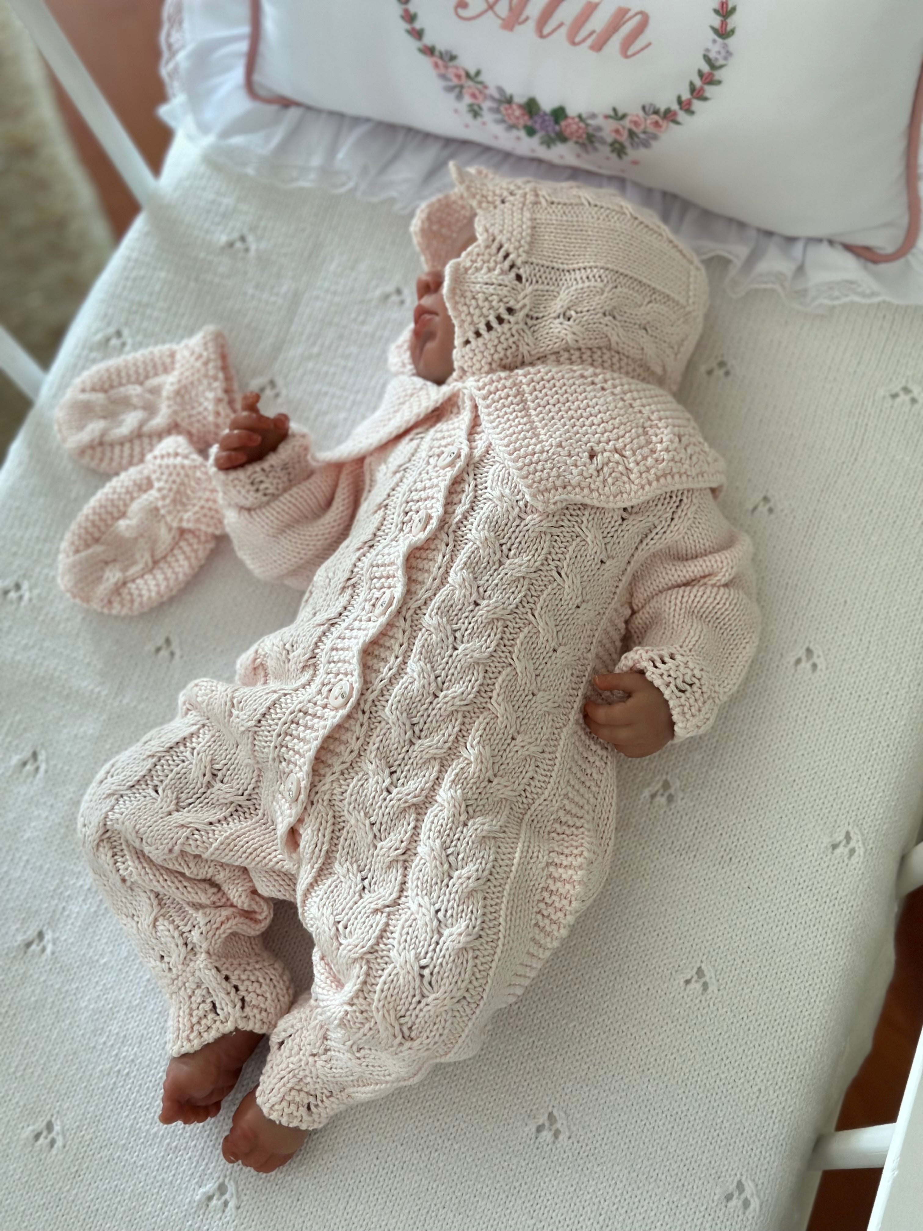 Dusty Pink Knitted Baby Girl Romper Set 3 Pieces
