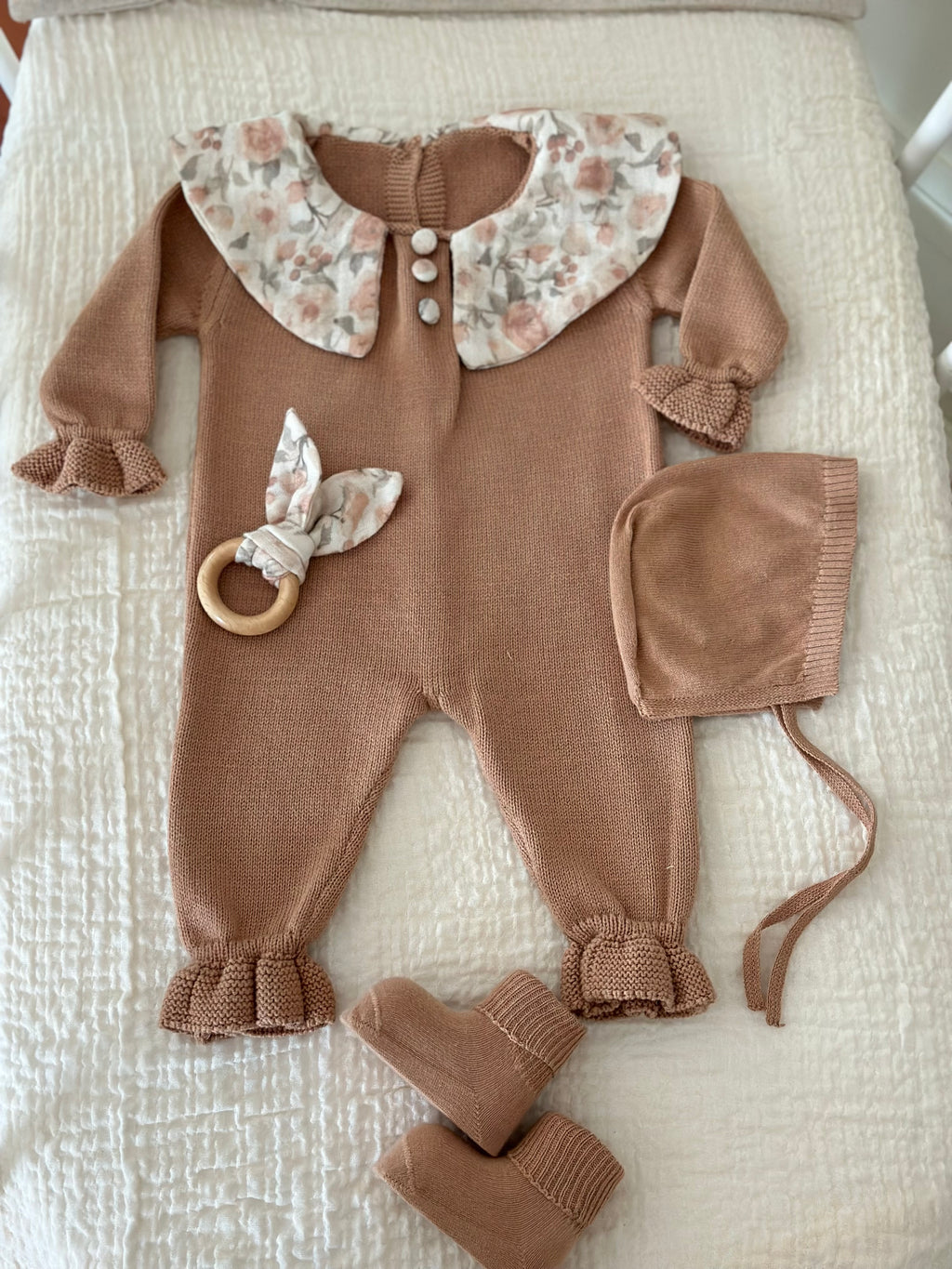 Hardal Müslin Yakalı Triko Kız Bebek Tulum Seti 3 Parça