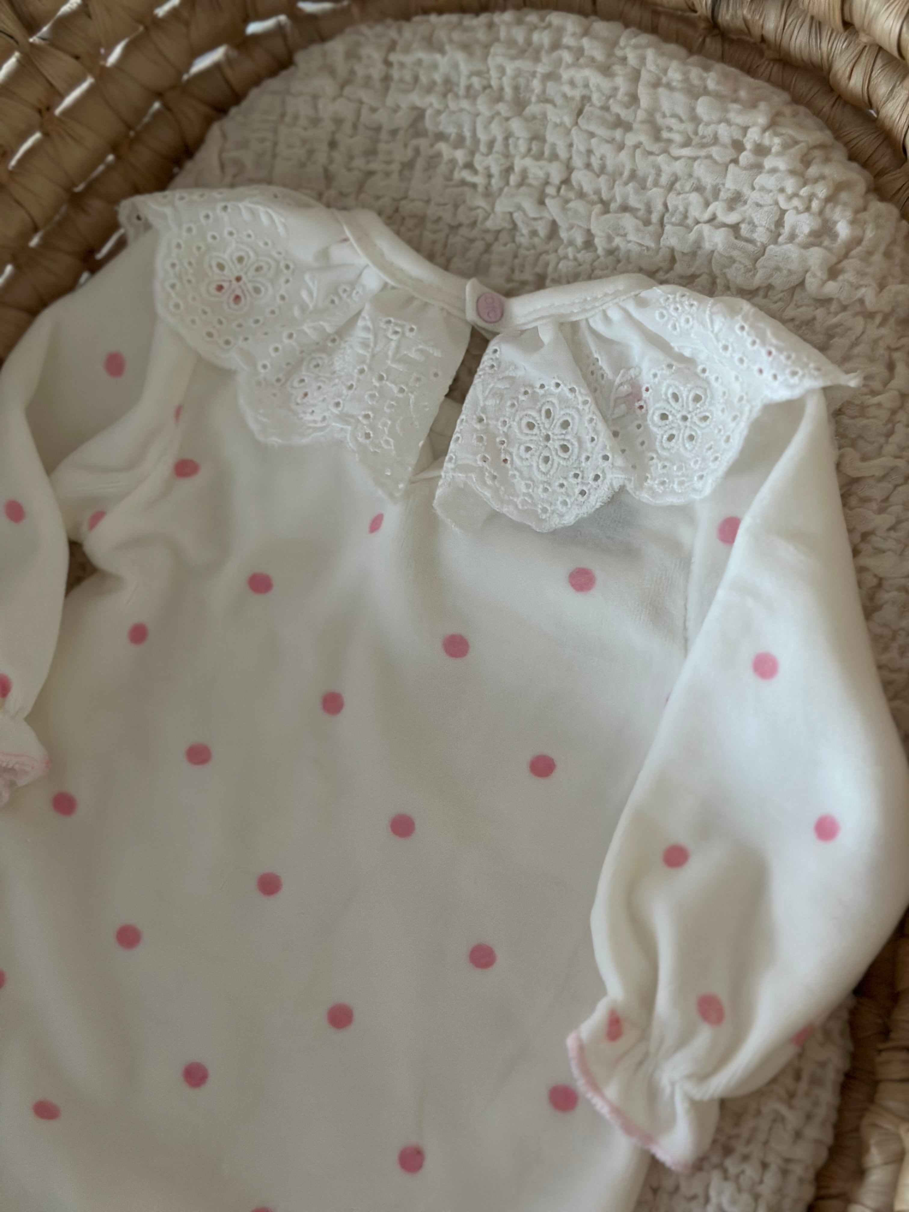 Pink Polka Dot Velvet Baby Girl Jumpsuit – Scallop Collar