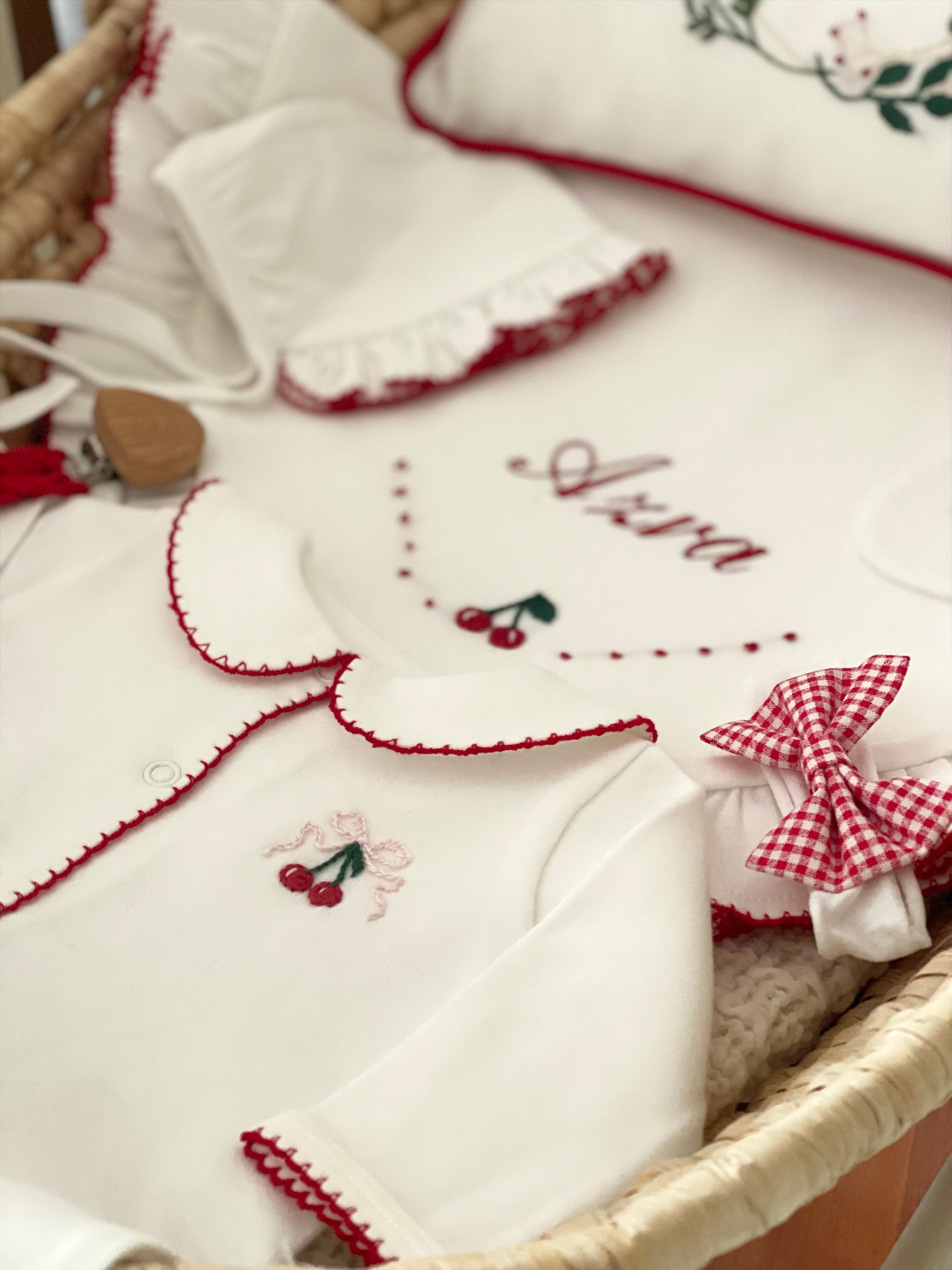 Cherry Organic Newborn Set – Red Crochet Edge Detail