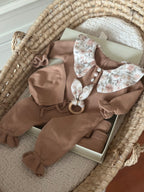 Hardal Müslin Yakalı Triko Kız Bebek Tulum Seti 3 Parça