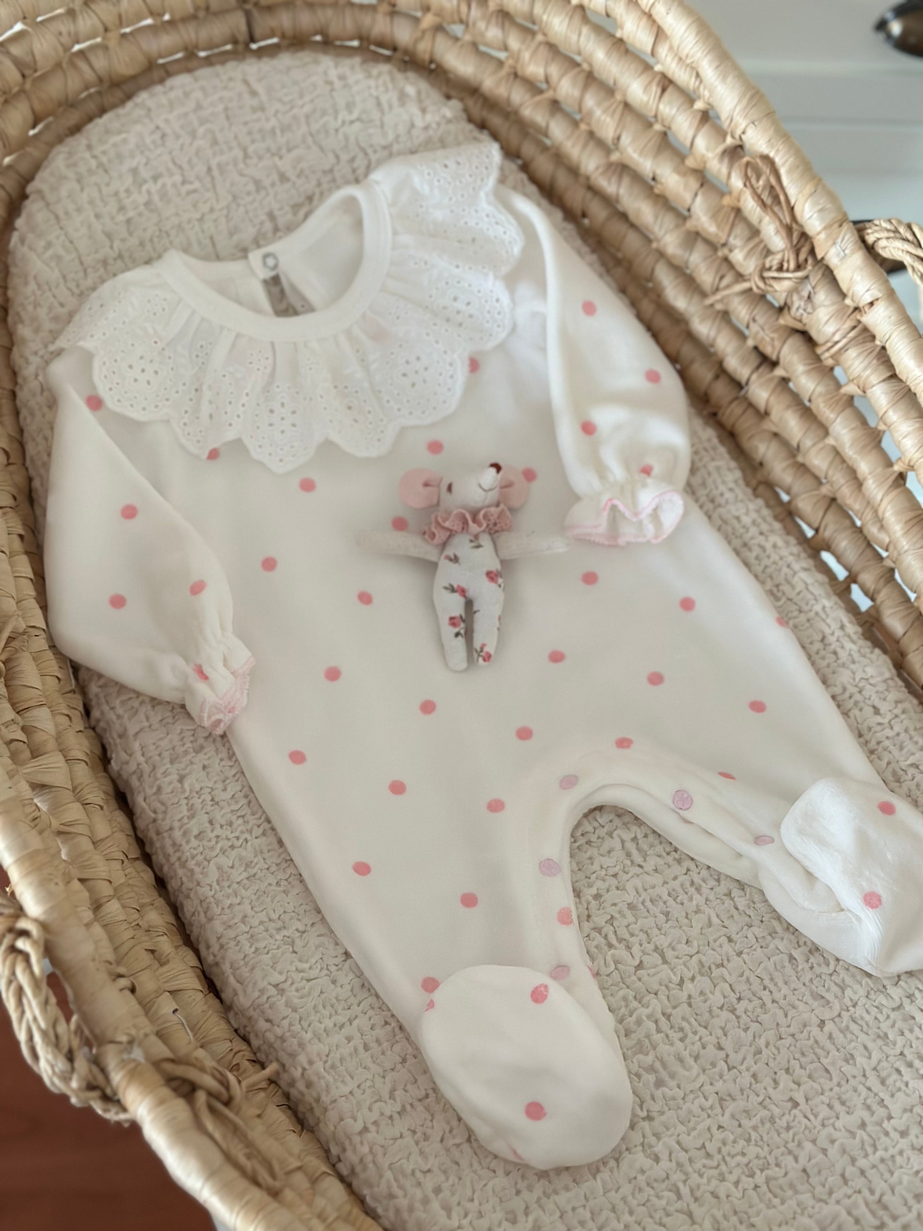 Pink Polka Dot Velvet Baby Girl Jumpsuit – Scallop Collar