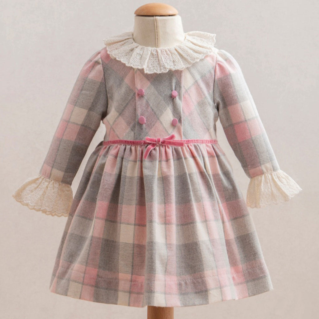 Maeva – Beige Pink Plaid Baby Girl Dress | Ruffle Collar Detail 6-24 Months