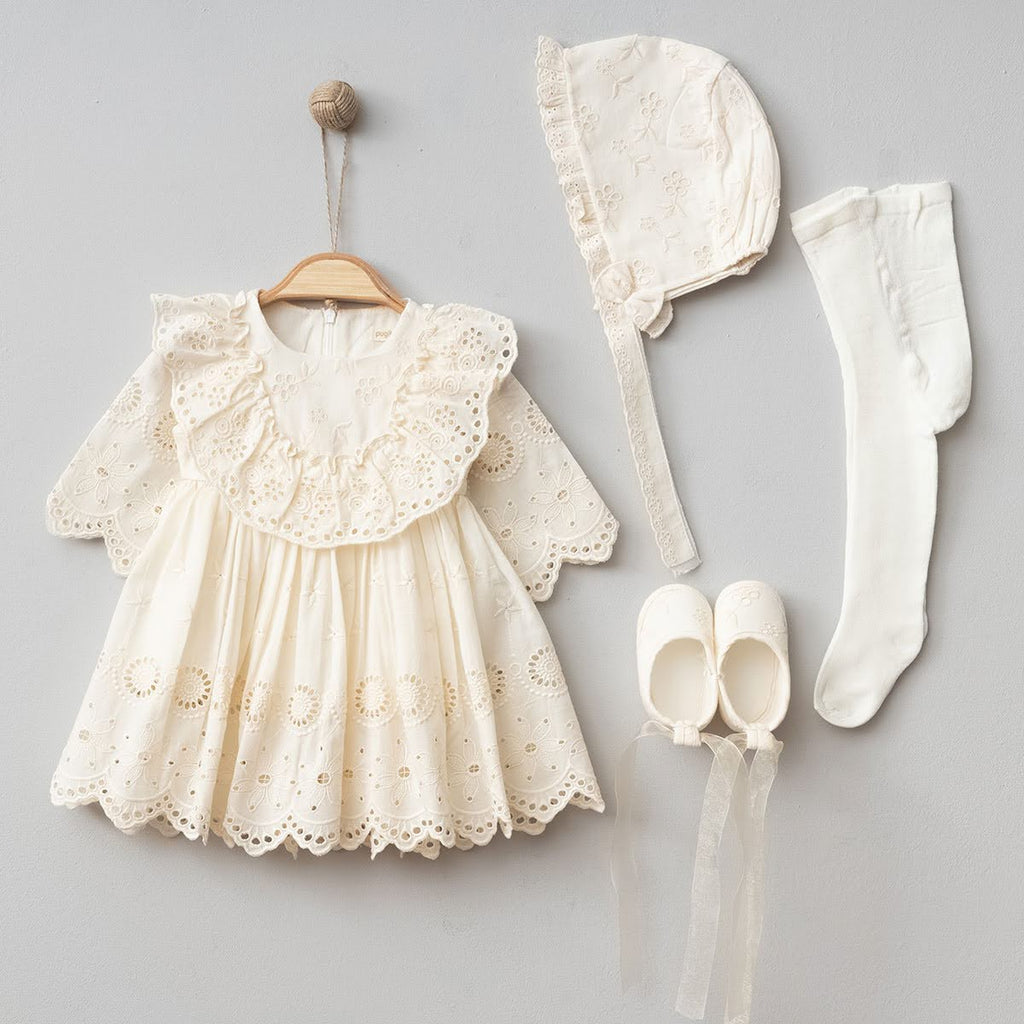 Pure 4-Piece Baby Girl Mevlüt Set - 100% Cotton Festo Dress, Hat, Shoes and Socks