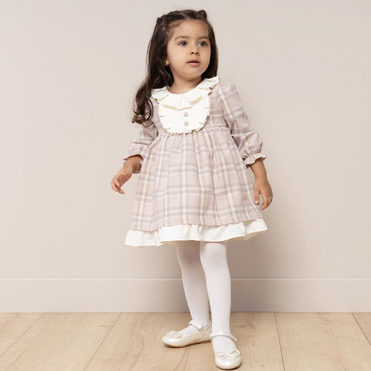 Livia – Bej Ekose Kız Bebek Kışlık Elbise 6–24 Ay