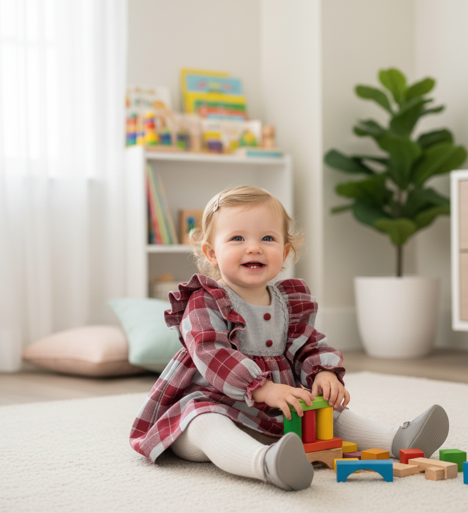 Sidney Burgundy Gray Plaid Baby Girl Christmas Dress 6-24 Months