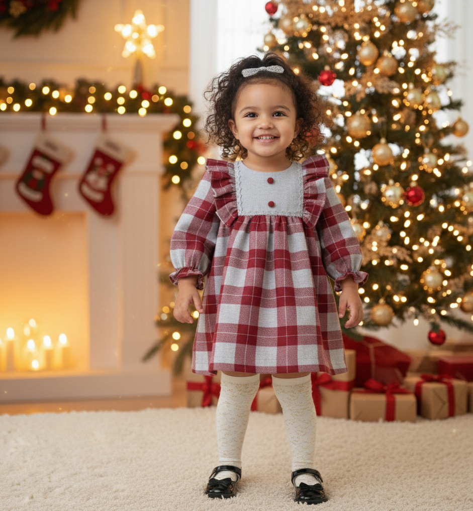 Sidney Burgundy Gray Plaid Baby Girl Christmas Dress 6-24 Months
