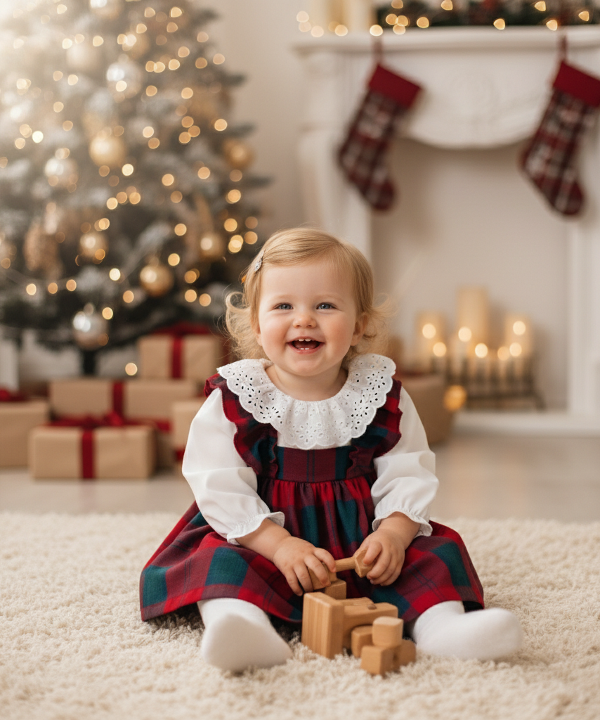 Mila– Red Plaid Baby Girl Dress | Elegant New Year's Dress with Scallop Collar Detail 6-24 Months