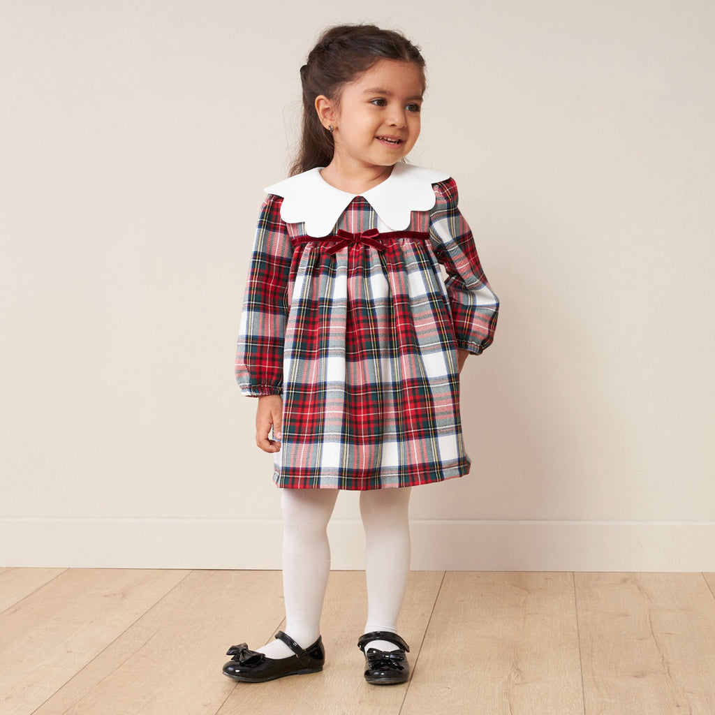 Lora– Red Plaid Baby Girl Dress | Elegant New Year's Dress with Baby Collar Detail 6-24 Months