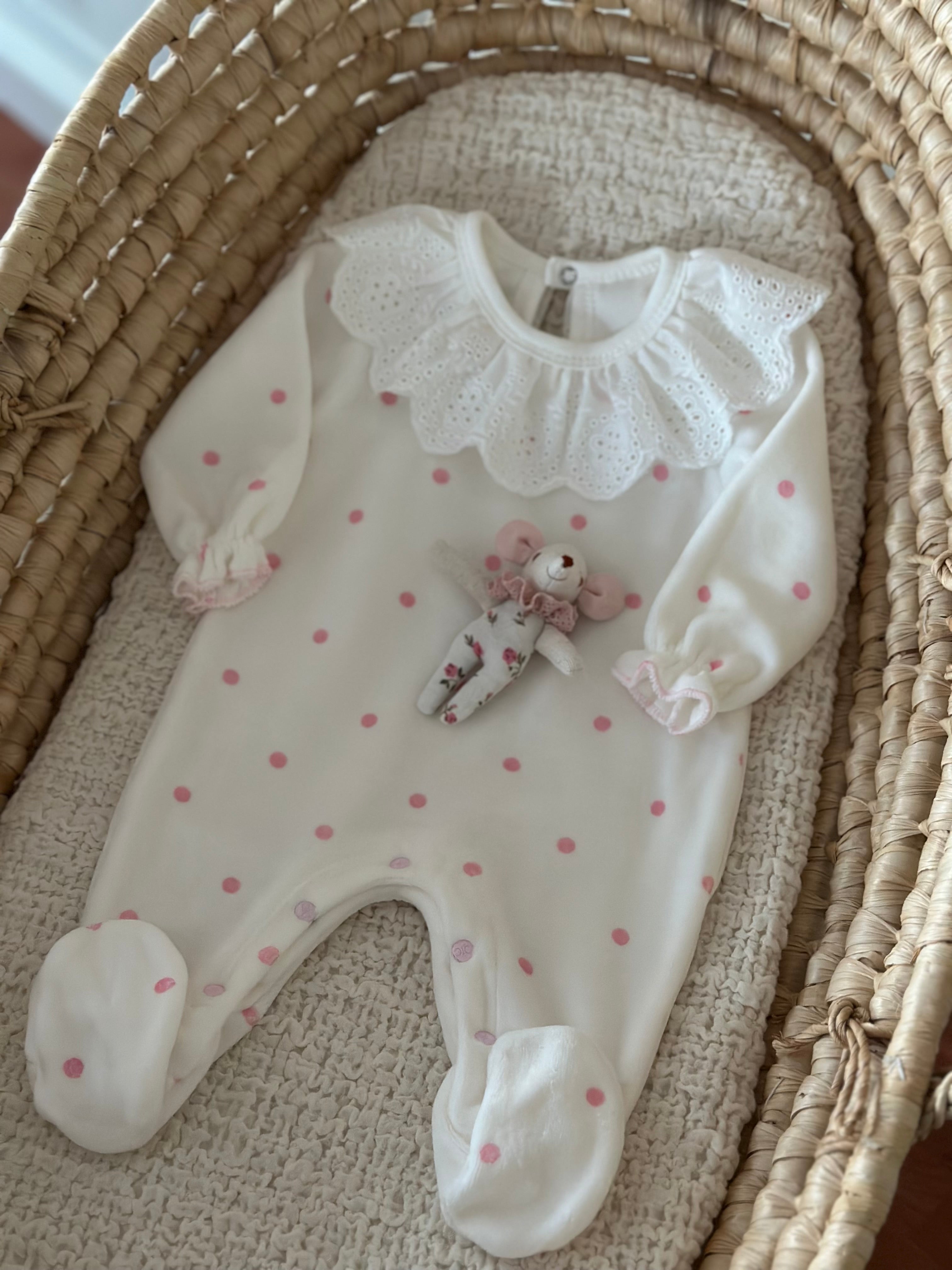 Pink Polka Dot Velvet Baby Girl Jumpsuit – Scallop Collar