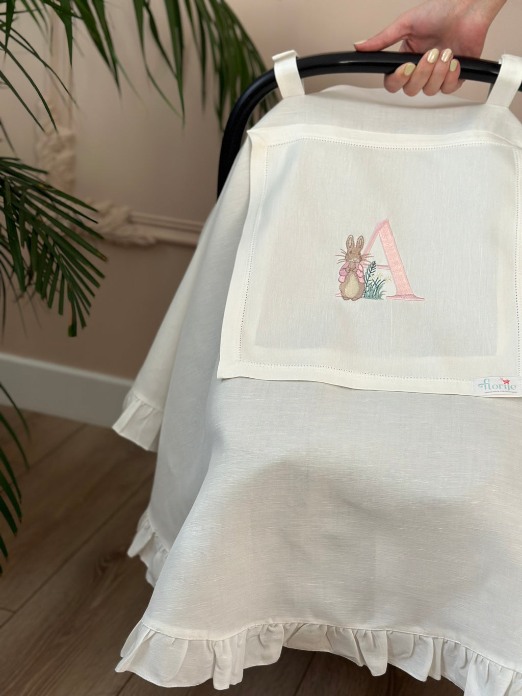 Tavşan Peter Rabbit Harf İşlemeli Keten Puset Örtüsü