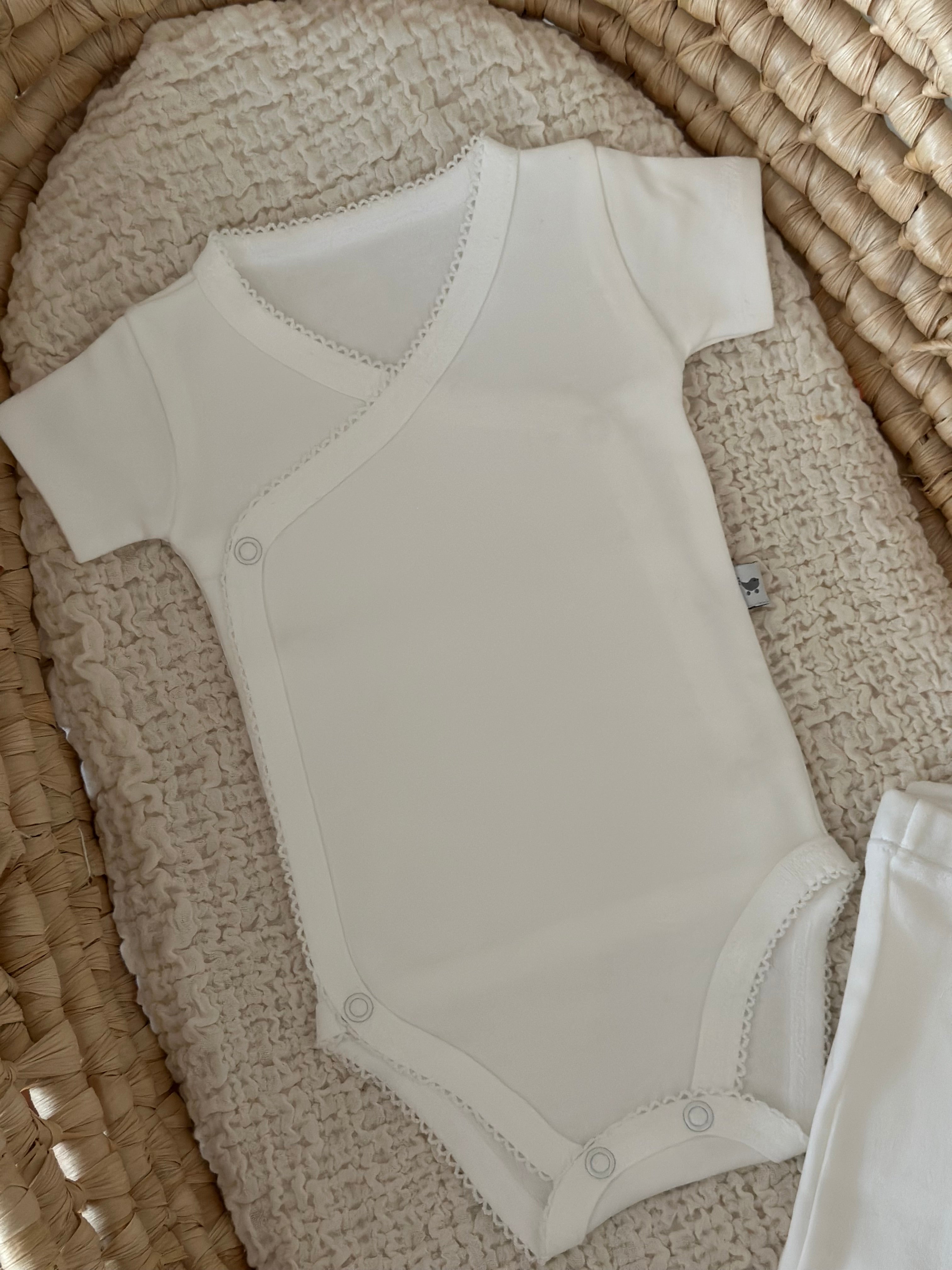 Organik Pamuk Kısa Kollu Kruvaze Zıbın & Pantalon 2 Parça Yenidoğan Set