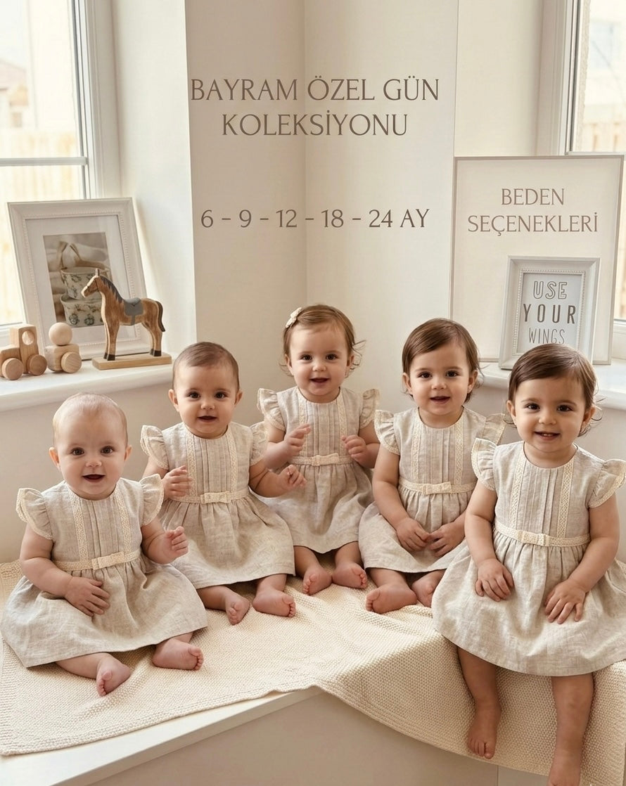 Pure– Bej Keten Kız Bebek Elbise 6–24 Ay