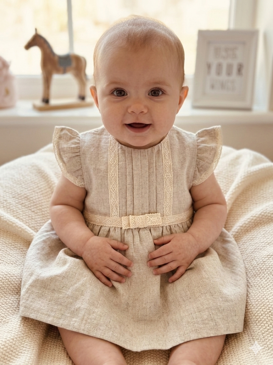 Pure– Bej Keten Kız Bebek Elbise 6–24 Ay