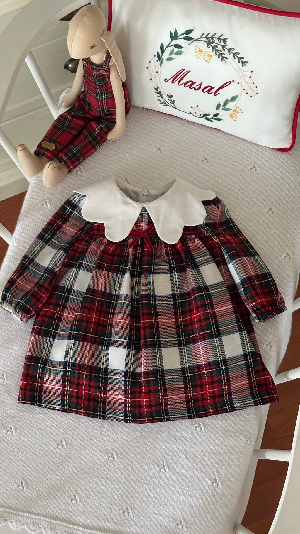Lora– Red Plaid Baby Girl Dress | Elegant New Year's Dress with Baby Collar Detail 6-24 Months