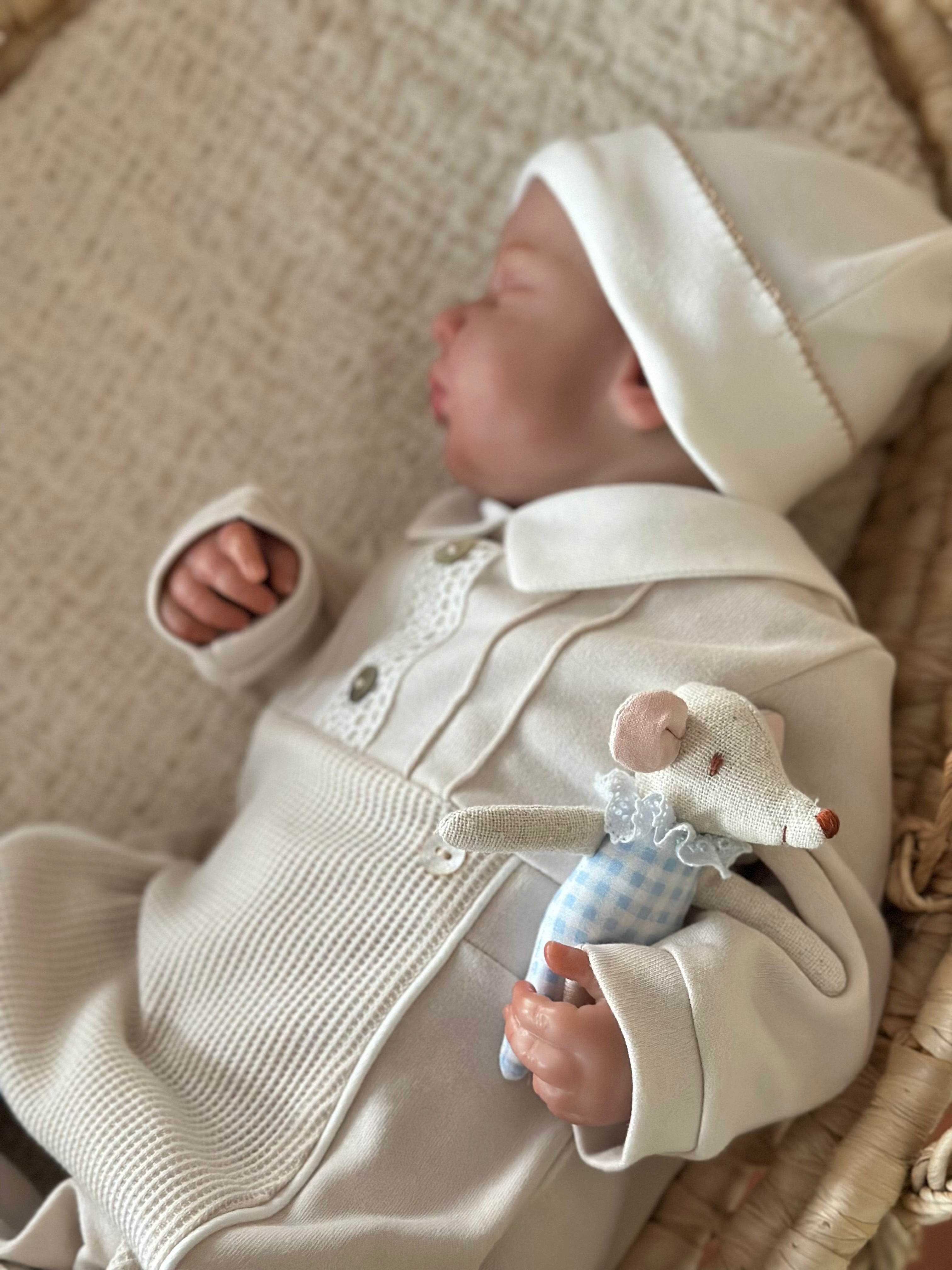 %100 Pamuk Klasik Pointed Yakalı Bebek Tulum – Mavi & Bej | 0-9 Ay | Alttan Çıtçıtlı