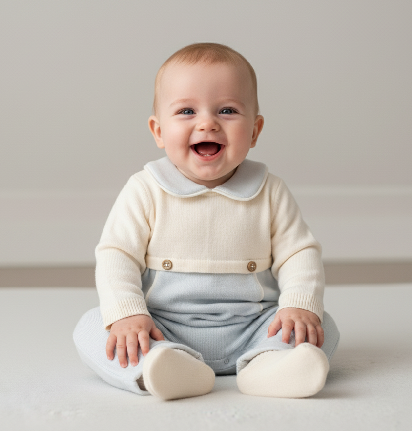 Baby Collar Velvet Baby Boy Romper Set 3 Pieces – Blue &amp; Beige