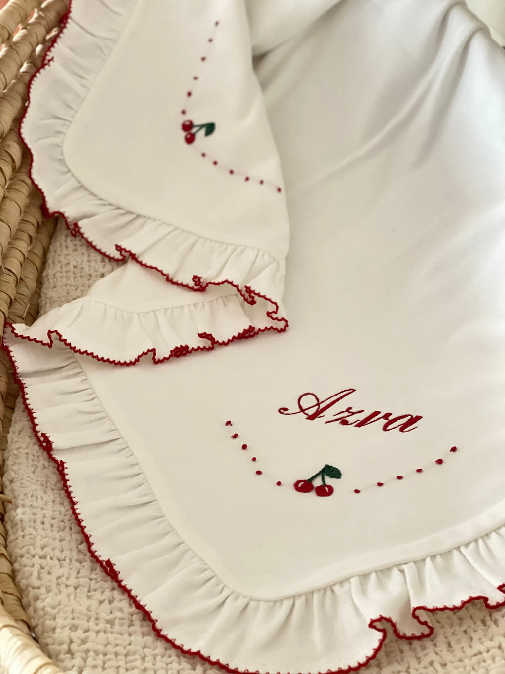 Cherry Organic Newborn Set – Red Crochet Edge Detail