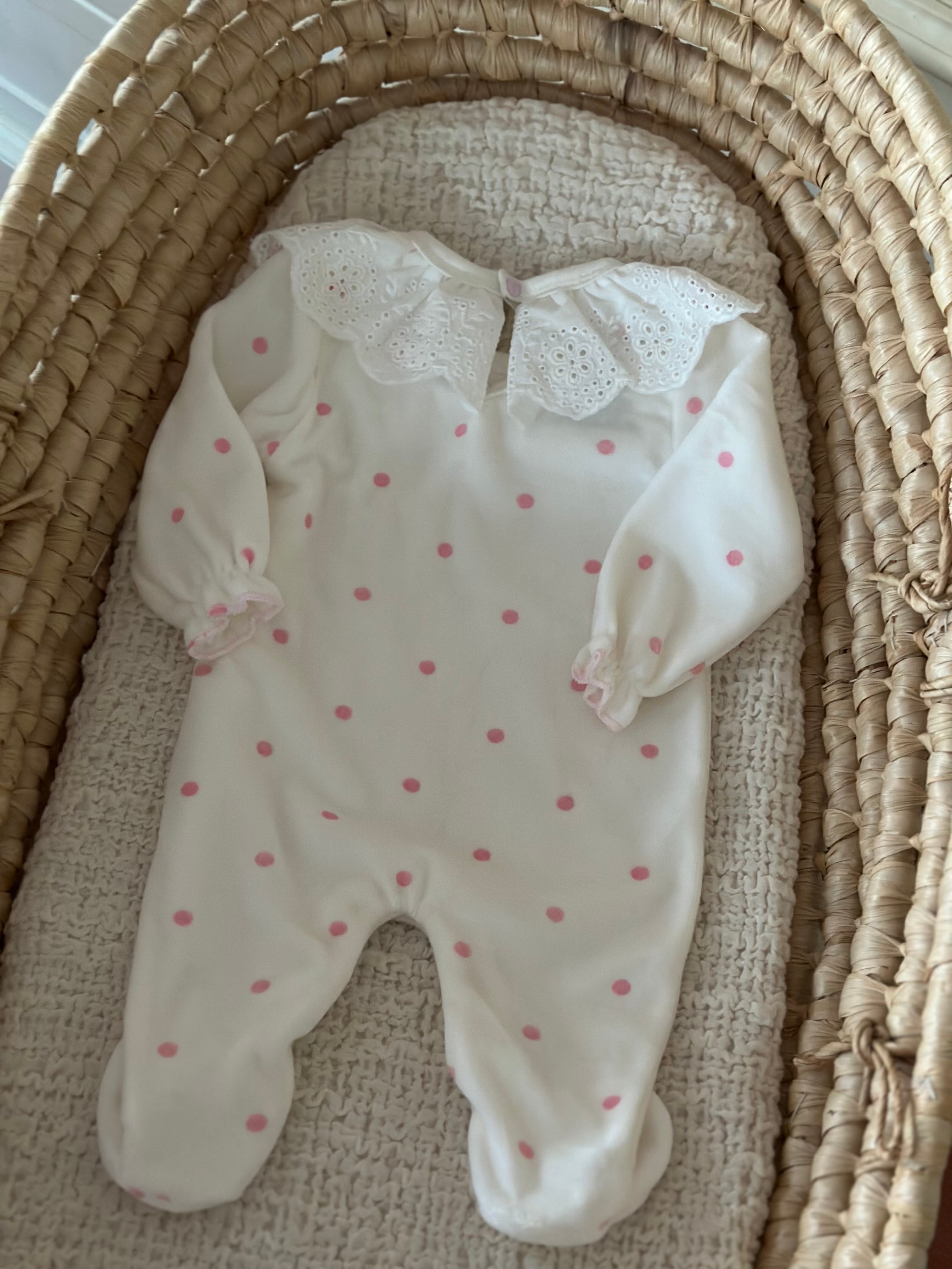 Pink Polka Dot Velvet Baby Girl Jumpsuit – Scallop Collar