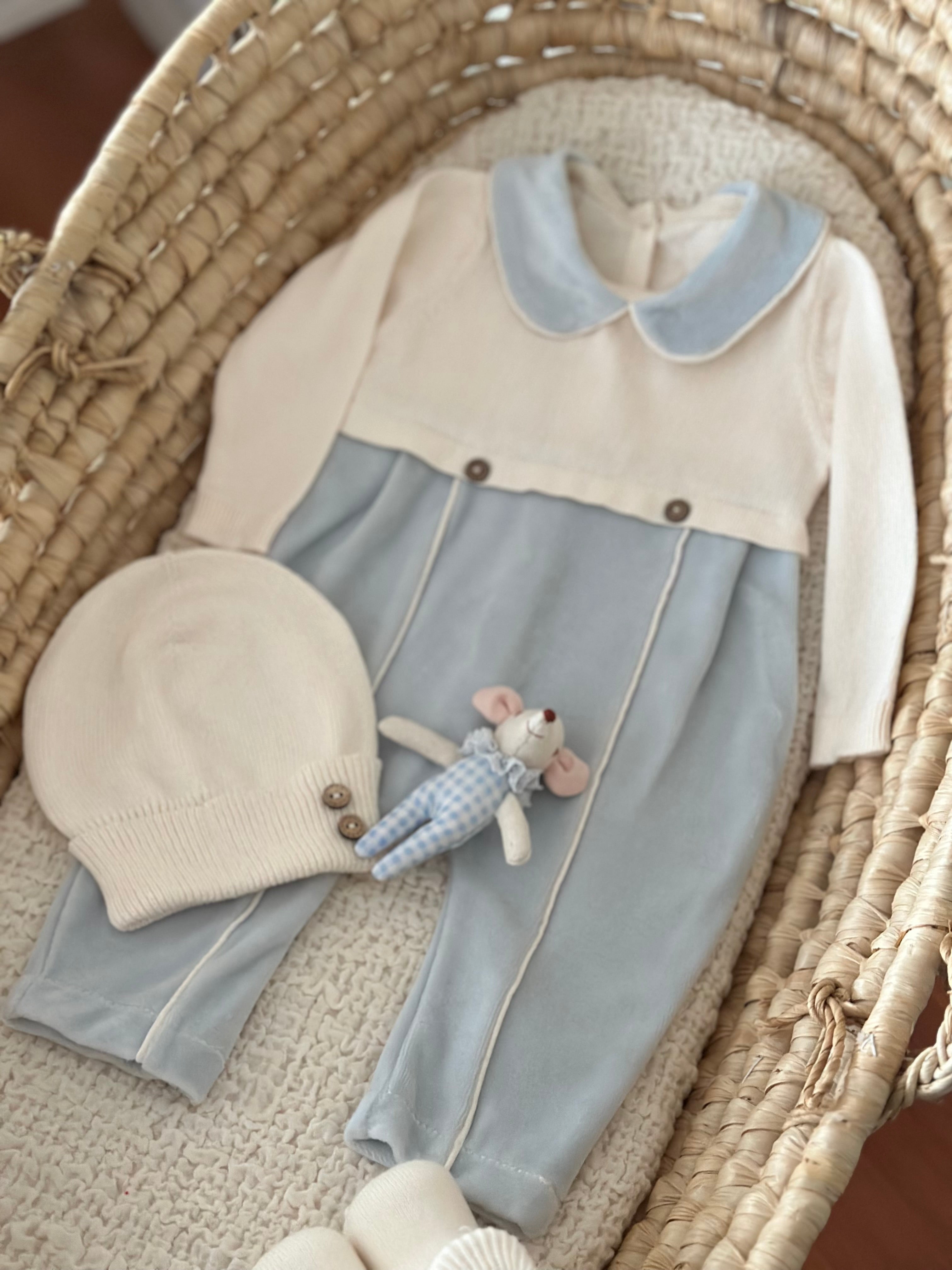 Baby Collar Velvet Baby Boy Romper Set 3 Pieces – Blue &amp; Beige