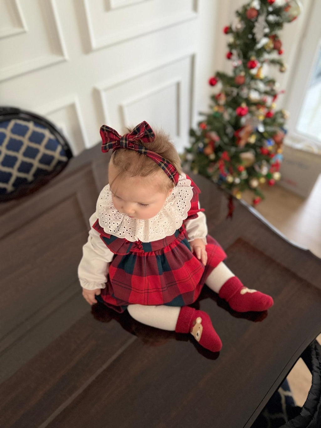 Mila– Red Plaid Baby Girl Dress | Elegant New Year's Dress with Scallop Collar Detail 6-24 Months