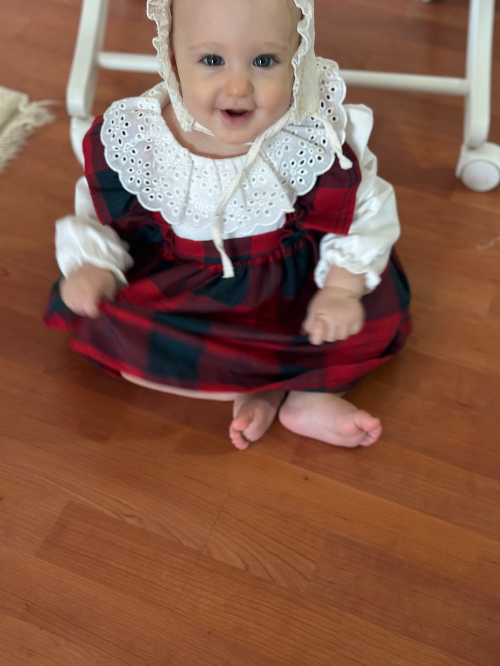 Mila– Red Plaid Baby Girl Dress | Elegant New Year's Dress with Scallop Collar Detail 6-24 Months