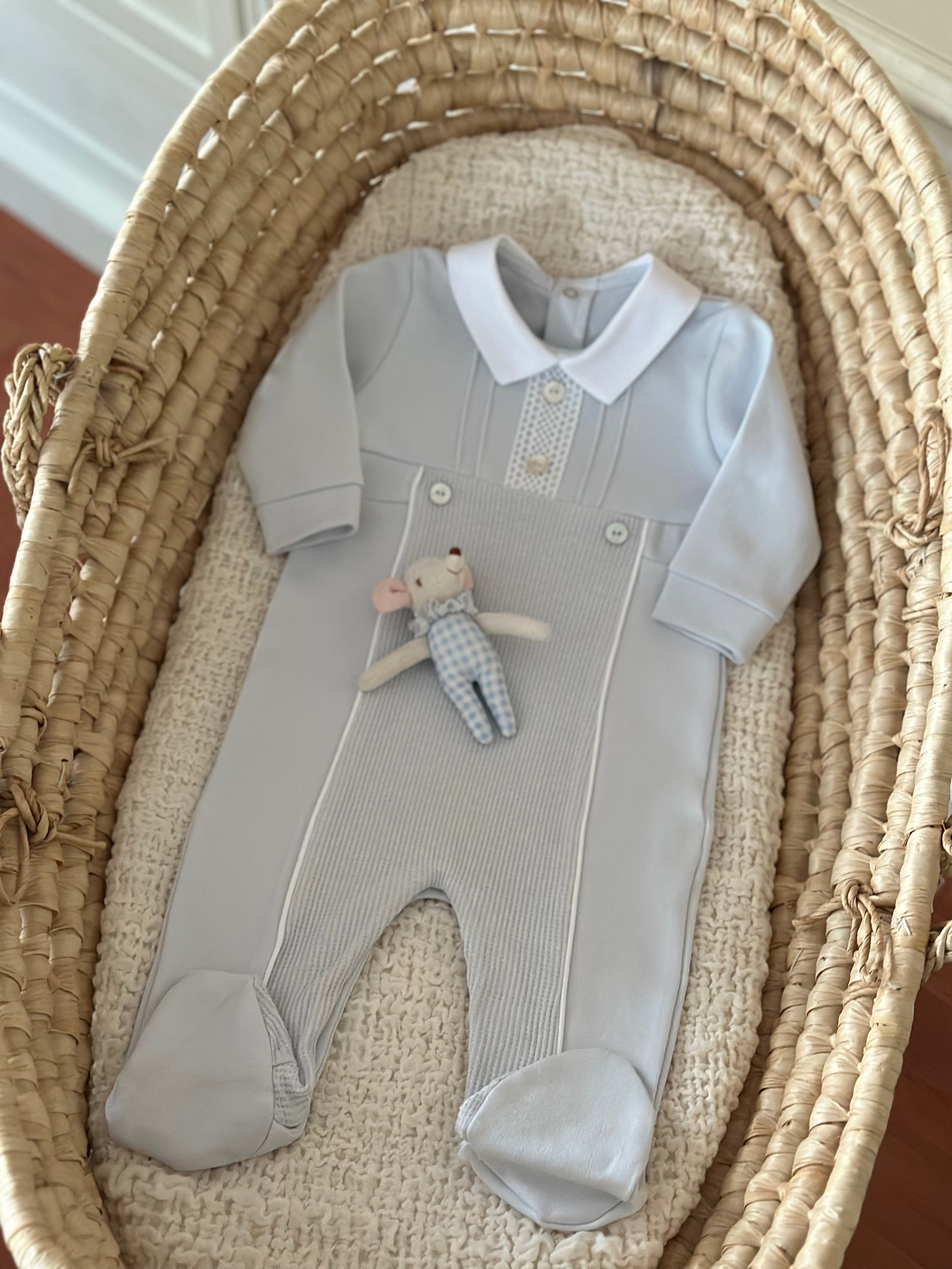 %100 Pamuk Klasik Pointed Yakalı Bebek Tulum – Mavi & Bej | 0-9 Ay | Alttan Çıtçıtlı