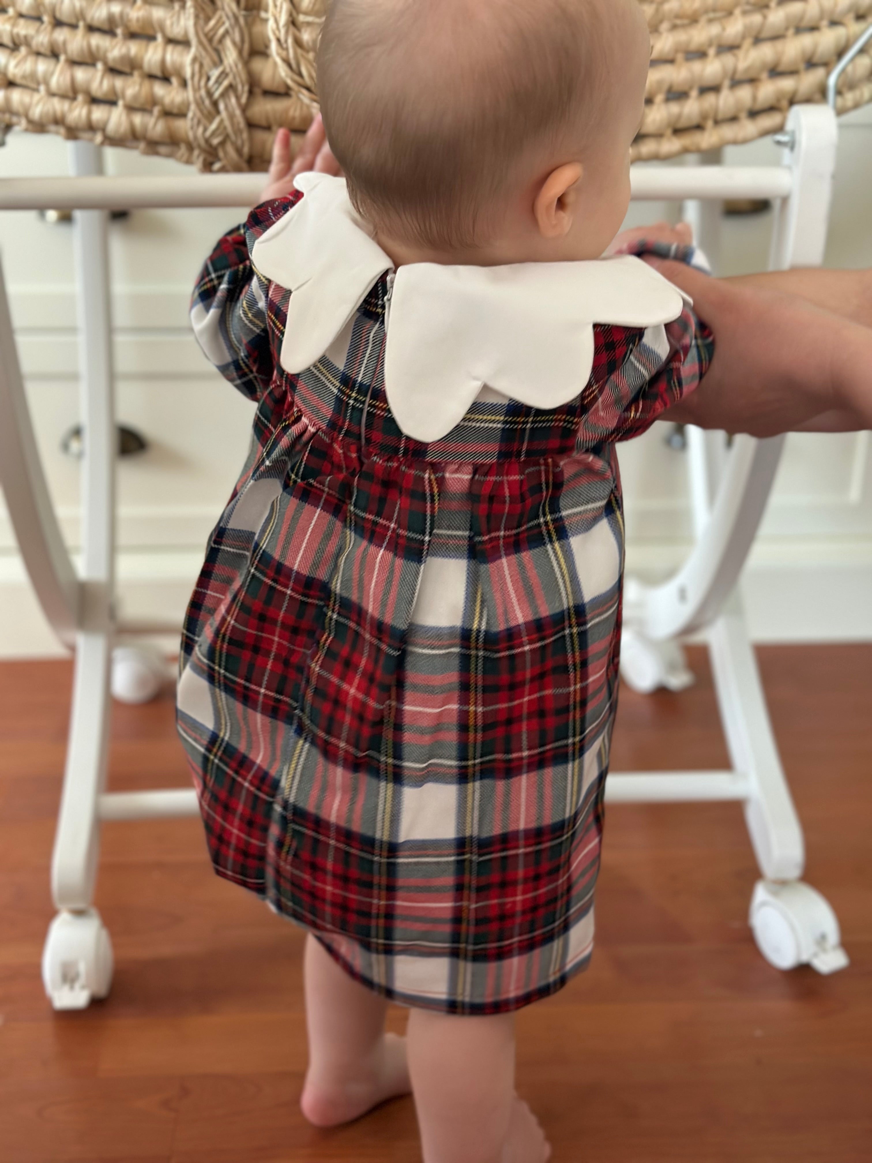 Lora– Red Plaid Baby Girl Dress | Elegant New Year's Dress with Baby Collar Detail 6-24 Months