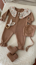 Hardal Müslin Yakalı Triko Kız Bebek Tulum Seti 3 Parça
