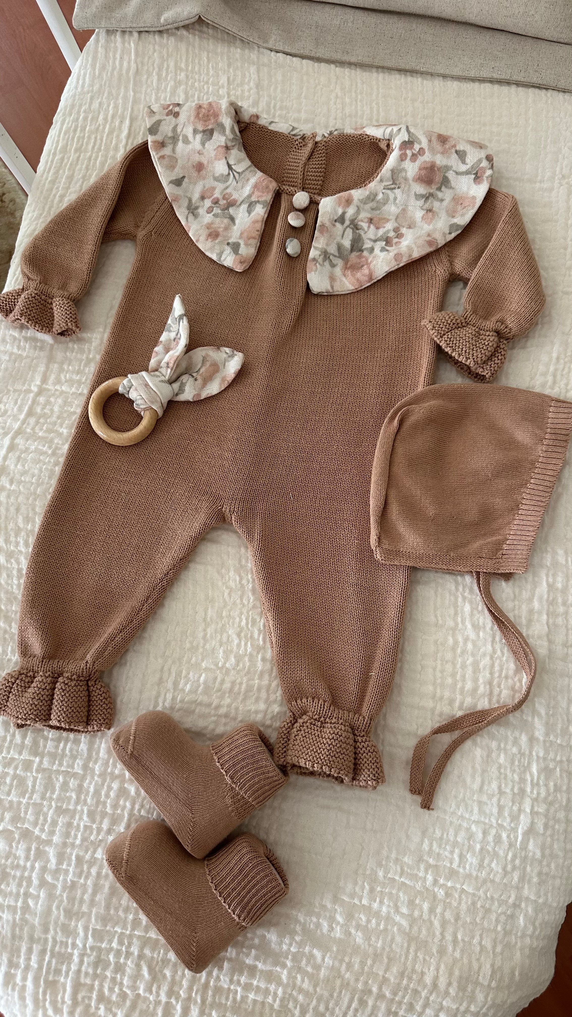 Hardal Müslin Yakalı Triko Kız Bebek Tulum Seti 3 Parça