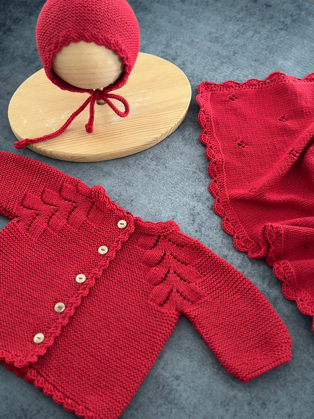 Düğmeli El Örgüsü Bebek Hırka Şapka Seti