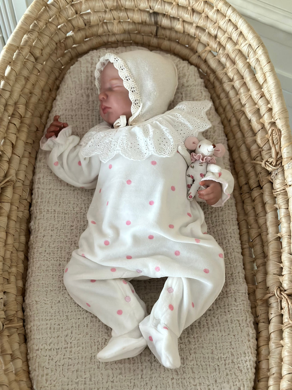 Pink Polka Dot Velvet Baby Girl Jumpsuit – Scallop Collar