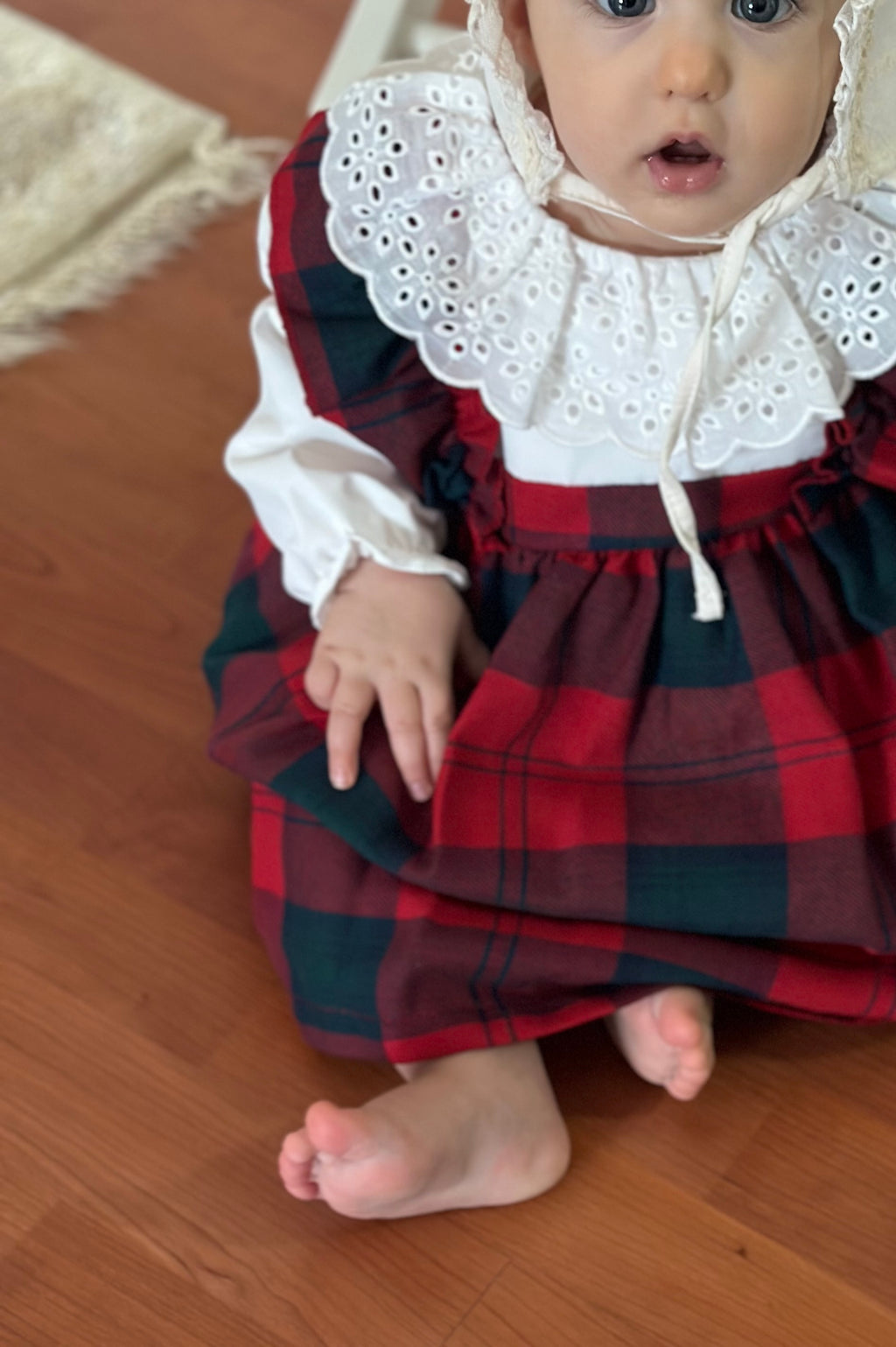 Mila– Red Plaid Baby Girl Dress | Elegant New Year's Dress with Scallop Collar Detail 6-24 Months