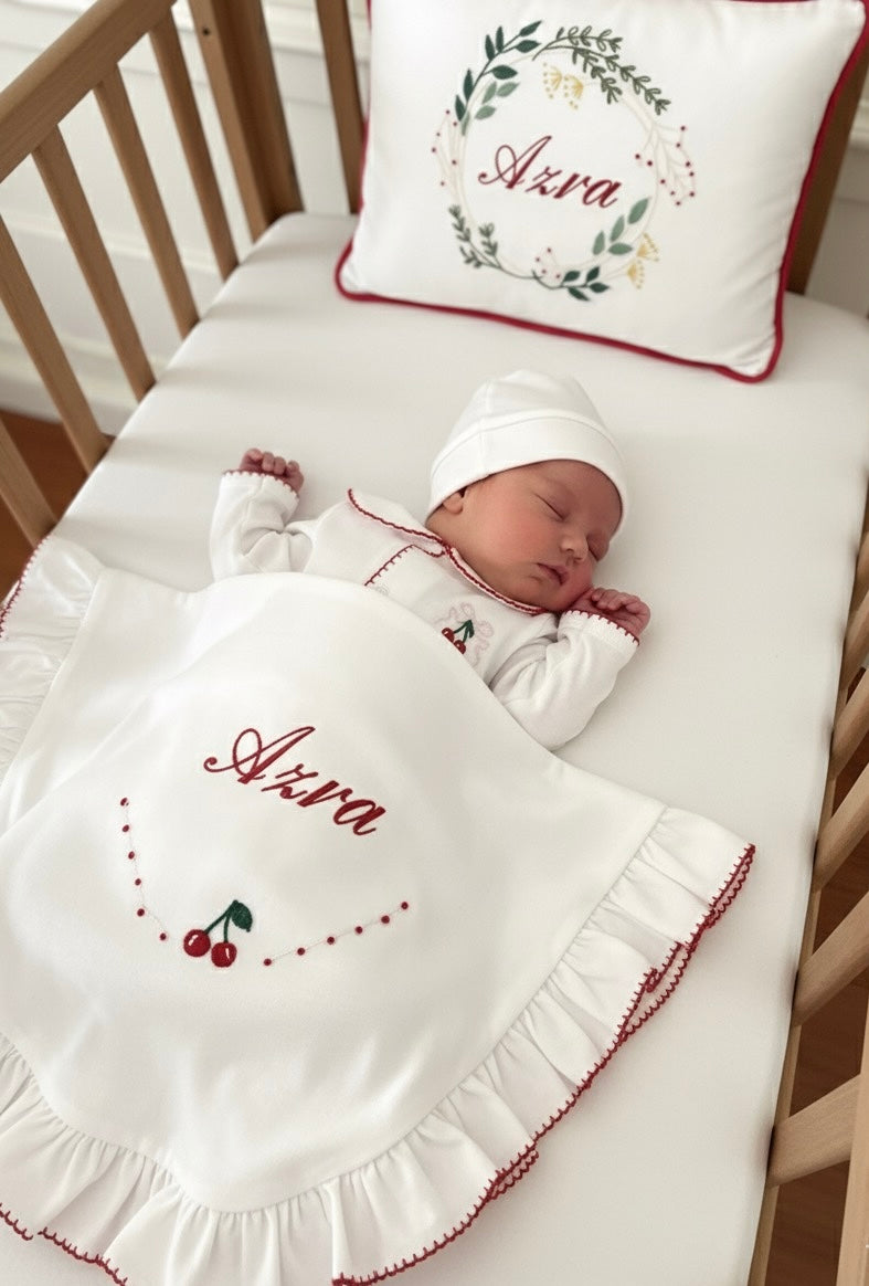 Cherry Organic Newborn Set – Red Crochet Edge Detail