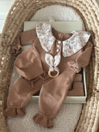 Hardal Müslin Yakalı Triko Kız Bebek Tulum Seti 3 Parça